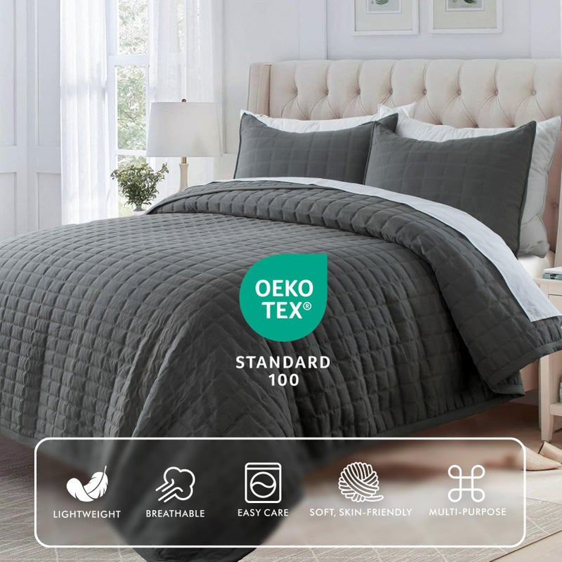KASENTEX Oversized Queen Quilt Set 102"x106" â€“ Soft Washed 3-Layer Lightweight Bedspread, Minimalist Nordic Design, All-Season Spring & Summer Quilt Set (1 Quilt + 2 Pillow Shams), Dark Grey - Image 2